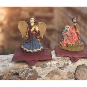 2 Vintage Holiday Collection Stocking Hanger, Angel, Joseph  And Baby Jesus